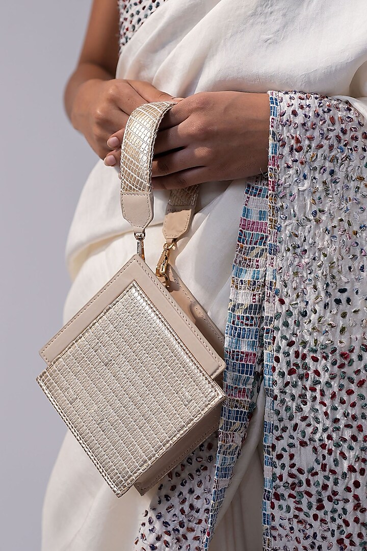 Gold Handwoven Textile & Leather Hand Bag by ADISEE at Pernia's Pop Up Shop