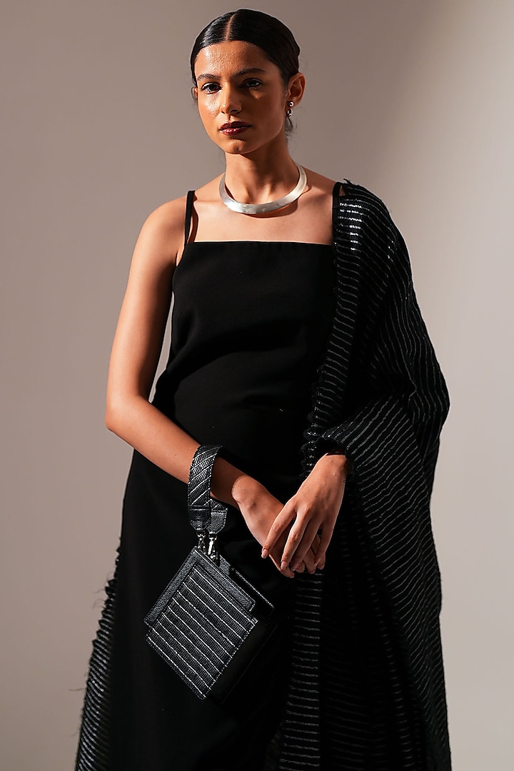 Black Handwoven Textile & Leather Hand Bag by ADISEE at Pernia's Pop Up Shop