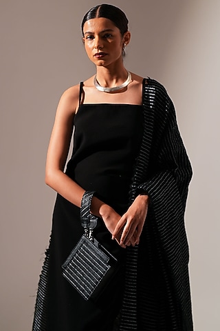 Black Handwoven Textile & Leather Hand Bag by ADISEE