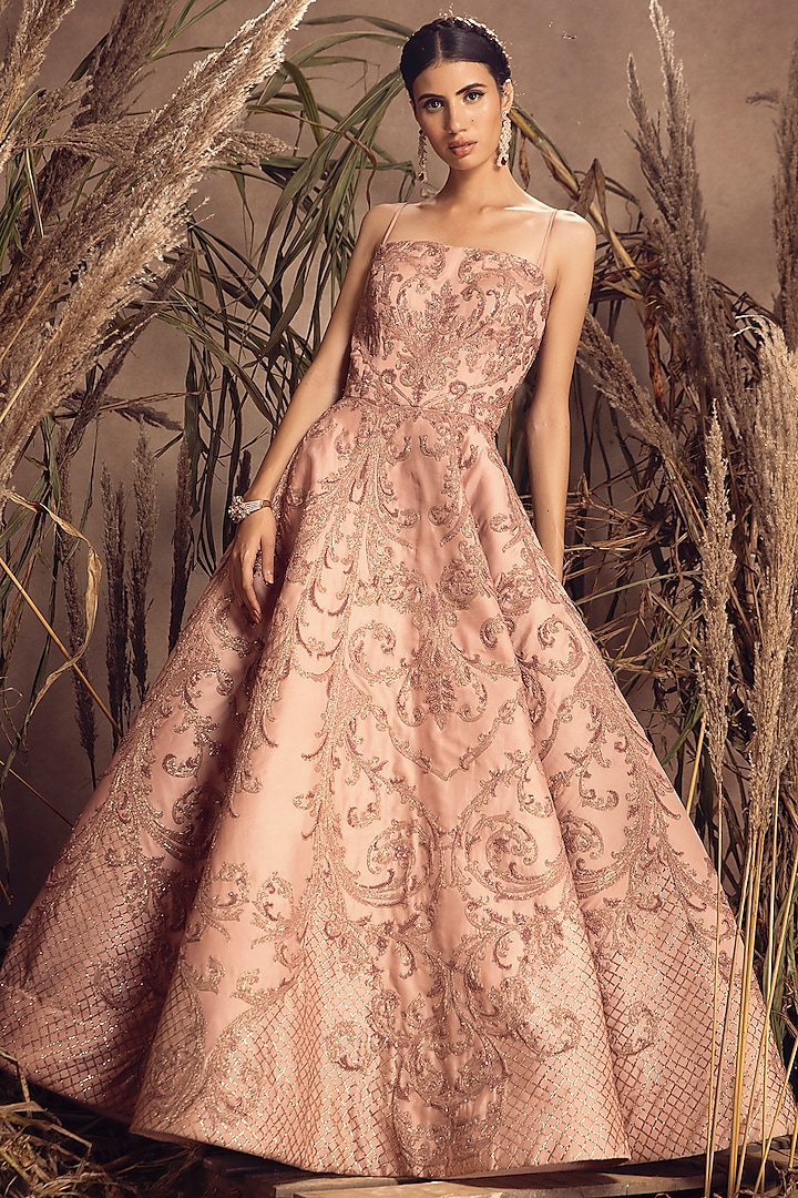 Blush Pink Pure Satin Organza Embroidered Gown by ADI BY ADITYA KHANDELWL