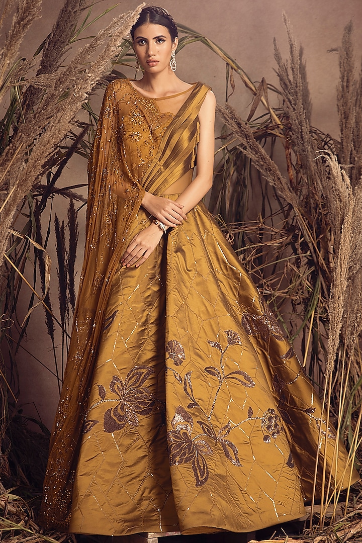 Mustard Silk Taffeta Embroidered Draped Gown by ADI BY ADITYA KHANDELWL