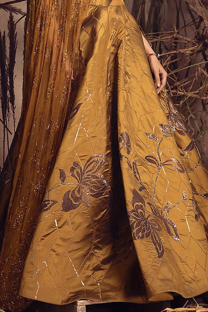 Mustard Silk Taffeta Embroidered Draped Wedding Gown by ADI BY ADITYA KHANDELWL at Pernia's Pop Up Shop