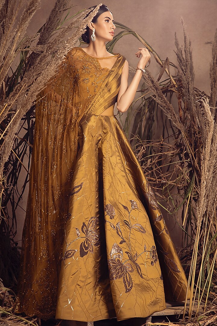 Mustard Silk Taffeta Embroidered Draped Wedding Gown by ADI BY ADITYA KHANDELWL at Pernia's Pop Up Shop