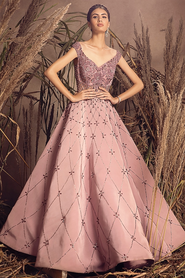 Lilac Crepe Embroidered Off-Shoulder Gown by ADI BY ADITYA KHANDELWL