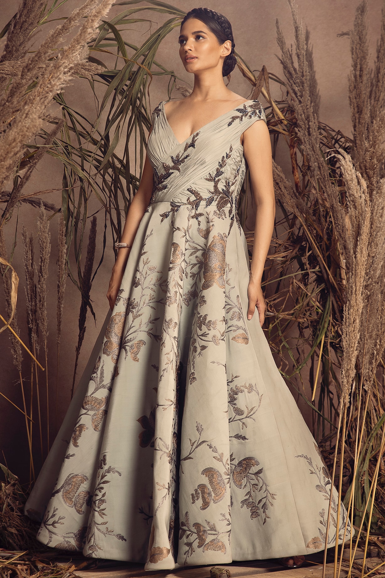 Aqua Green Grey Crepe Embroidered Off-Shoulder Gown by ADI BY