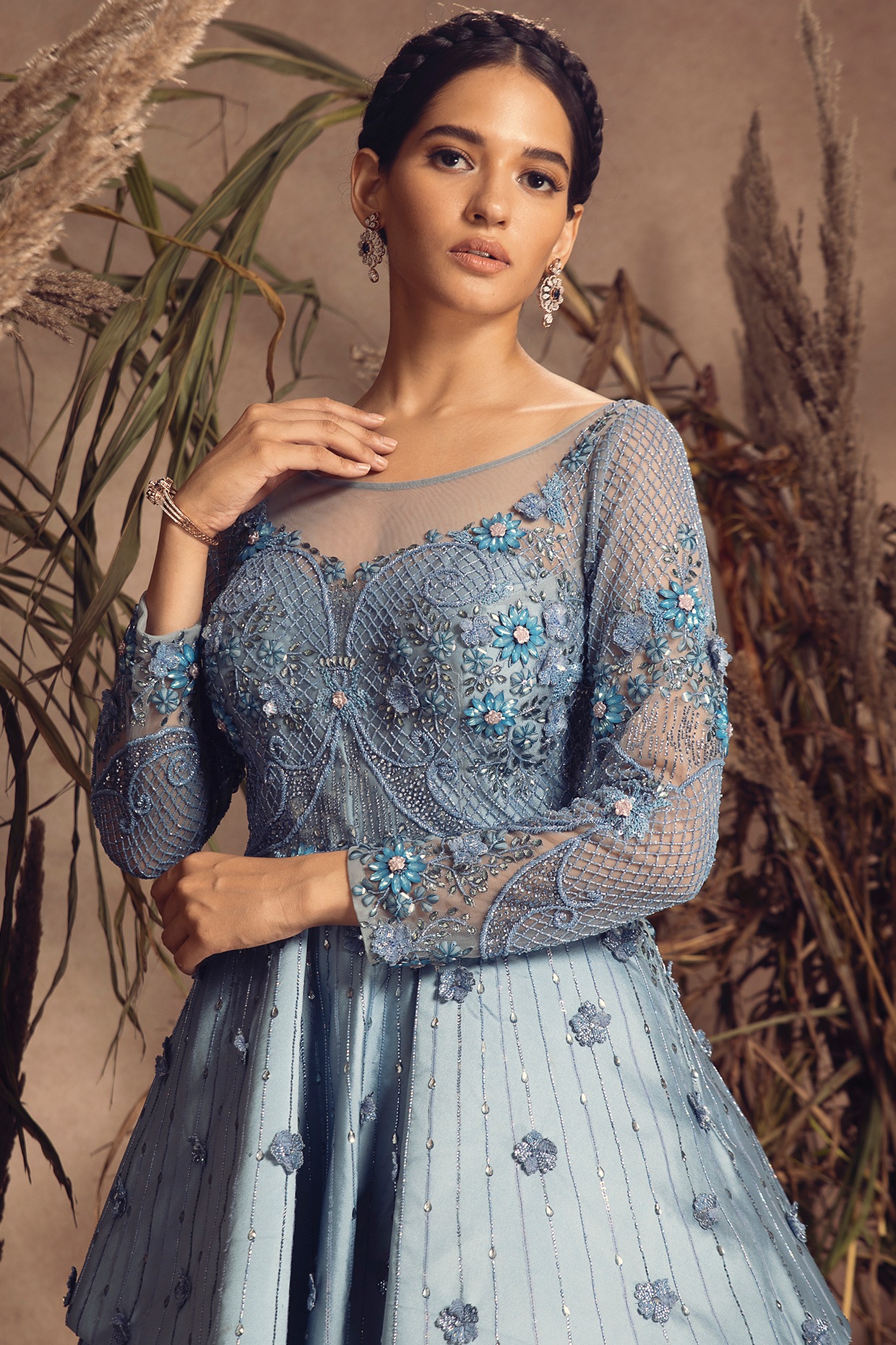 Sky blue hot sale net gown