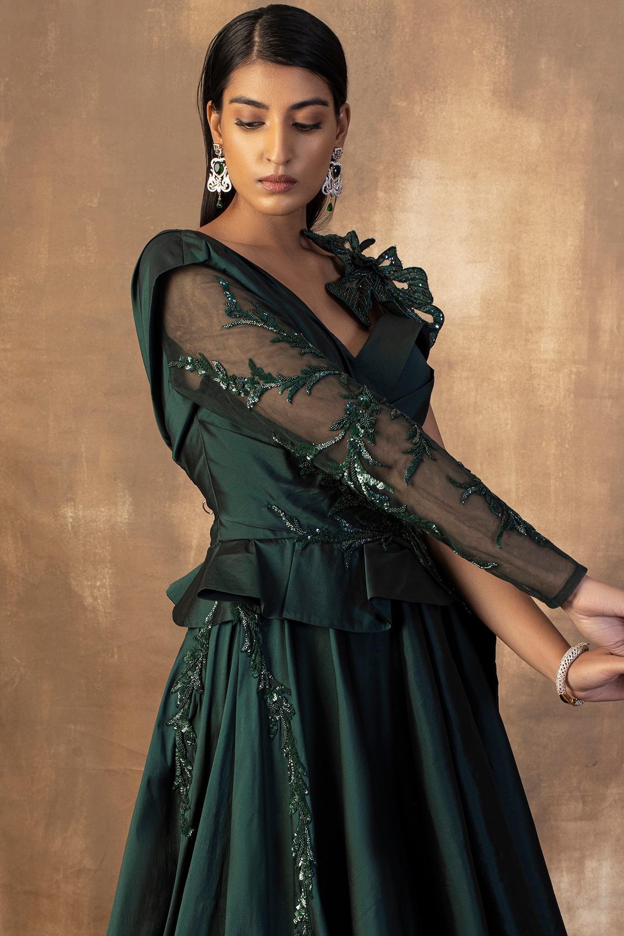 Bottle green tafeta gown embroidered with sequin and beads main image 1