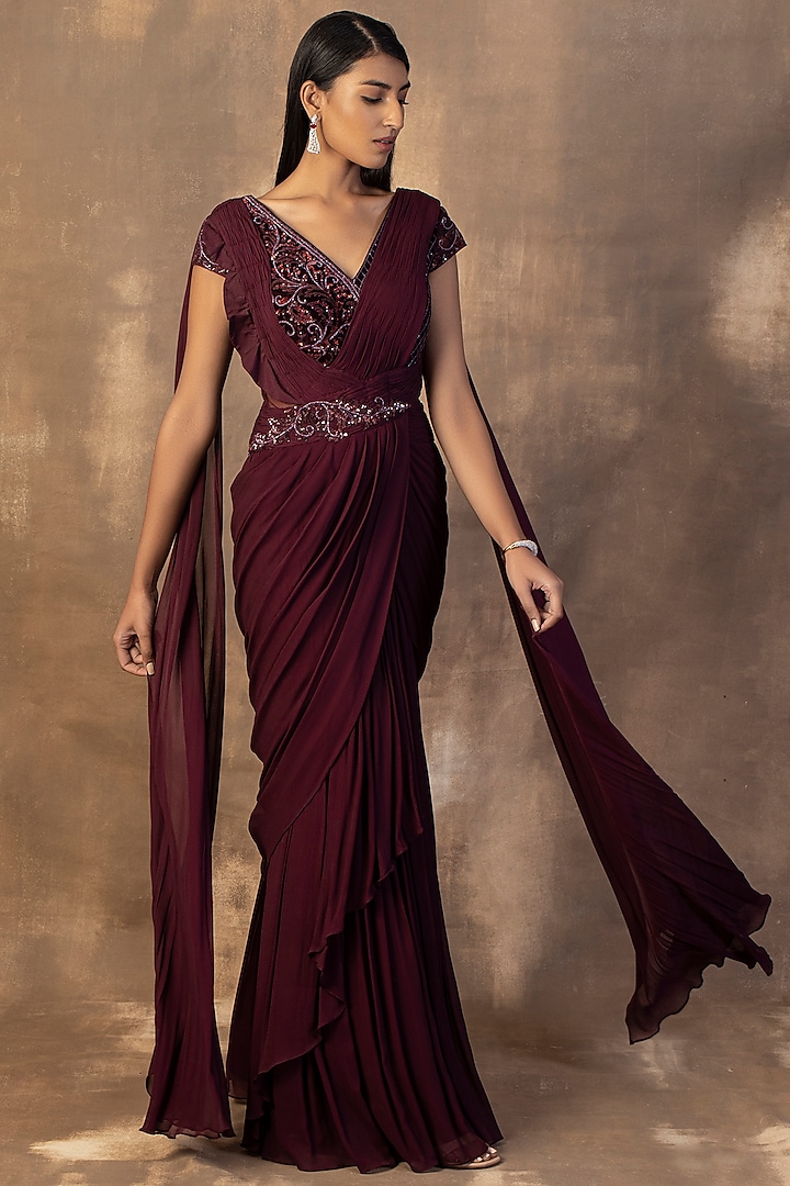 Wine Georgette Embroidered Gown Saree by ADI BY ADITYA KHANDELWL