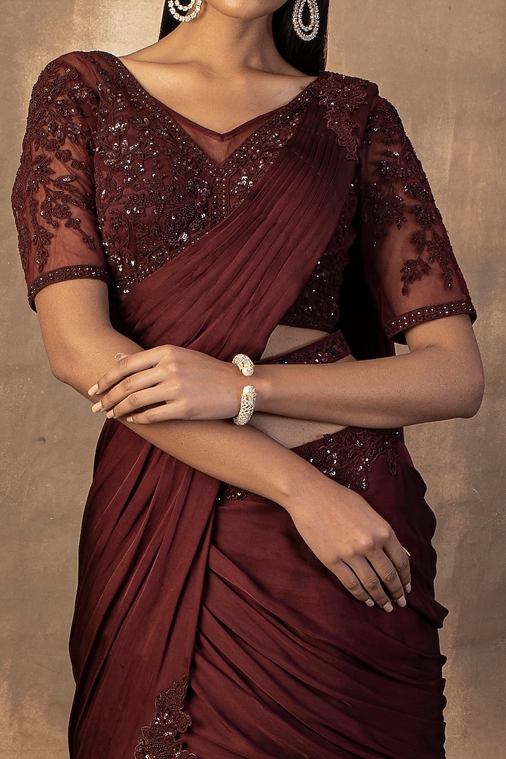 Wine Satin Georgette Embroidered Wedding Lehenga Saree Set by ADI BY ADITYA KHANDELWL at Pernia's Pop Up Shop