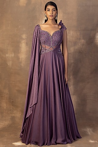 Lavendar Satin Embroidered Gown by ADI BY ADITYA KHANDELWL