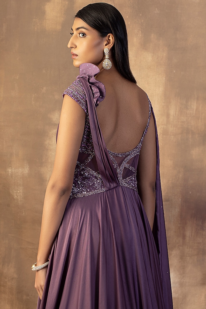 Lavendar Satin Embroidered Engagement Gown by ADI BY ADITYA KHANDELWL at Pernia's Pop Up Shop