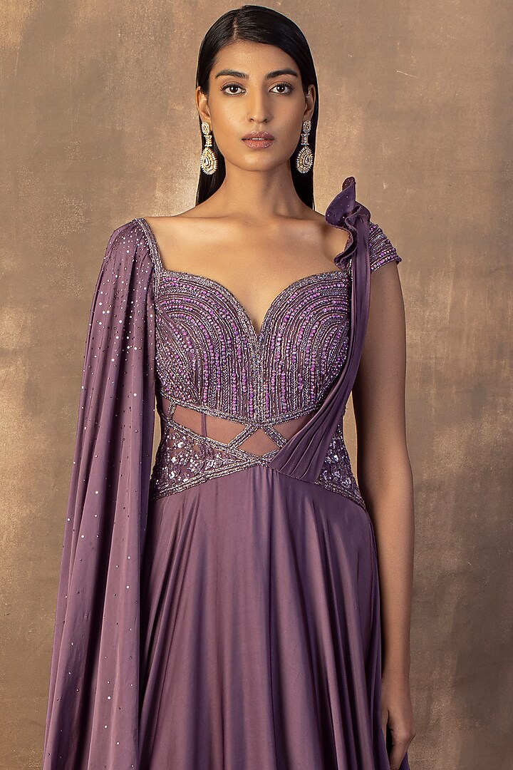 Lavendar Satin Embroidered Engagement Gown by ADI BY ADITYA KHANDELWL at Pernia's Pop Up Shop