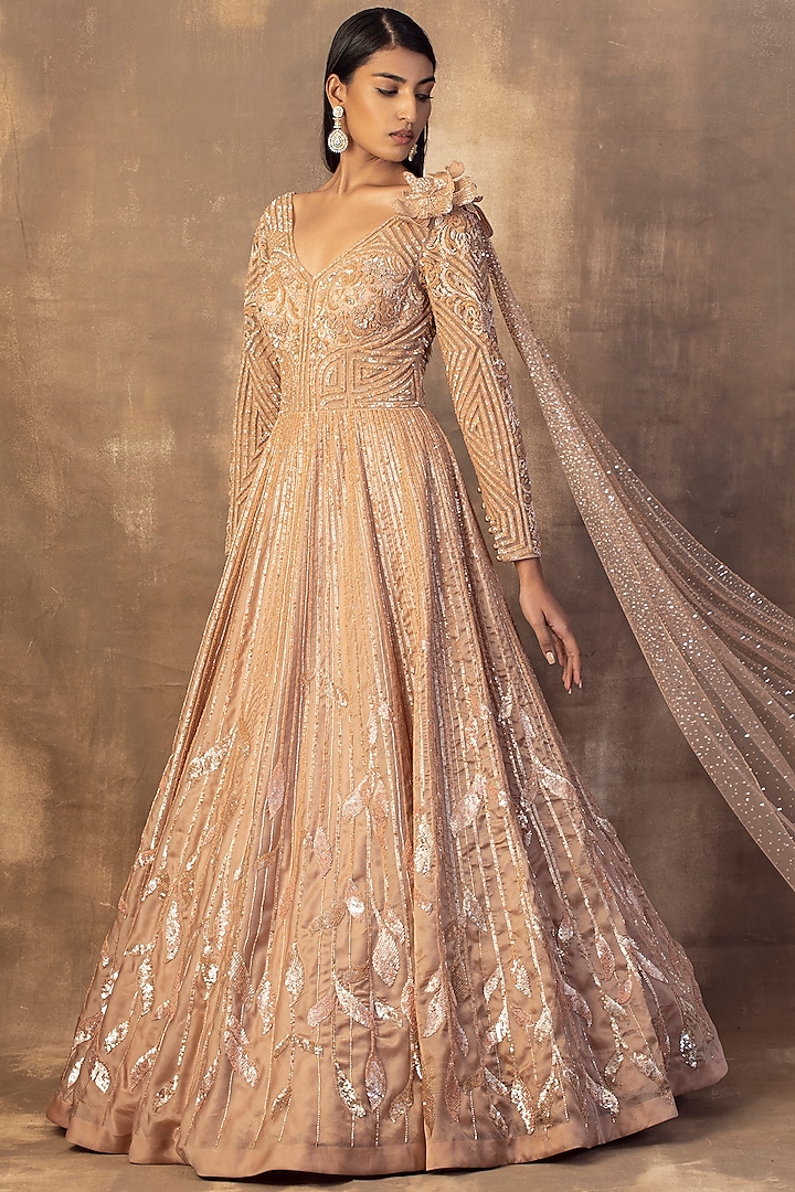 Dusty Rose Gold Satin Embroidered Gown by ADI BY ADITYA KHANDELWL