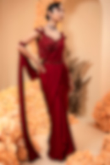Blood Red Hammer Satin Embroidered Pre-Stitched Drape Wedding Saree Set by ADI BY ADITYA KHANDELWL at Pernia's Pop Up Shop