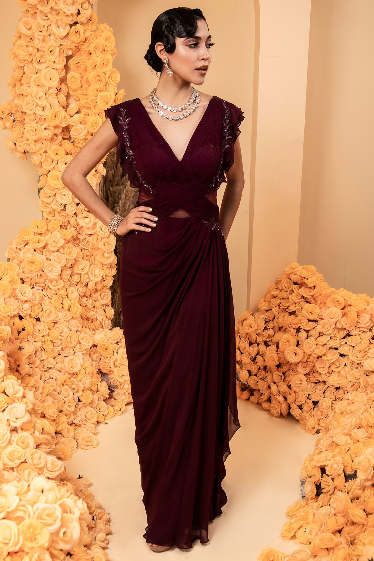 Buy Miss Chase Womens Wine Color V-Neck Self-designed Wrap Maxi Georgette  Dress online
