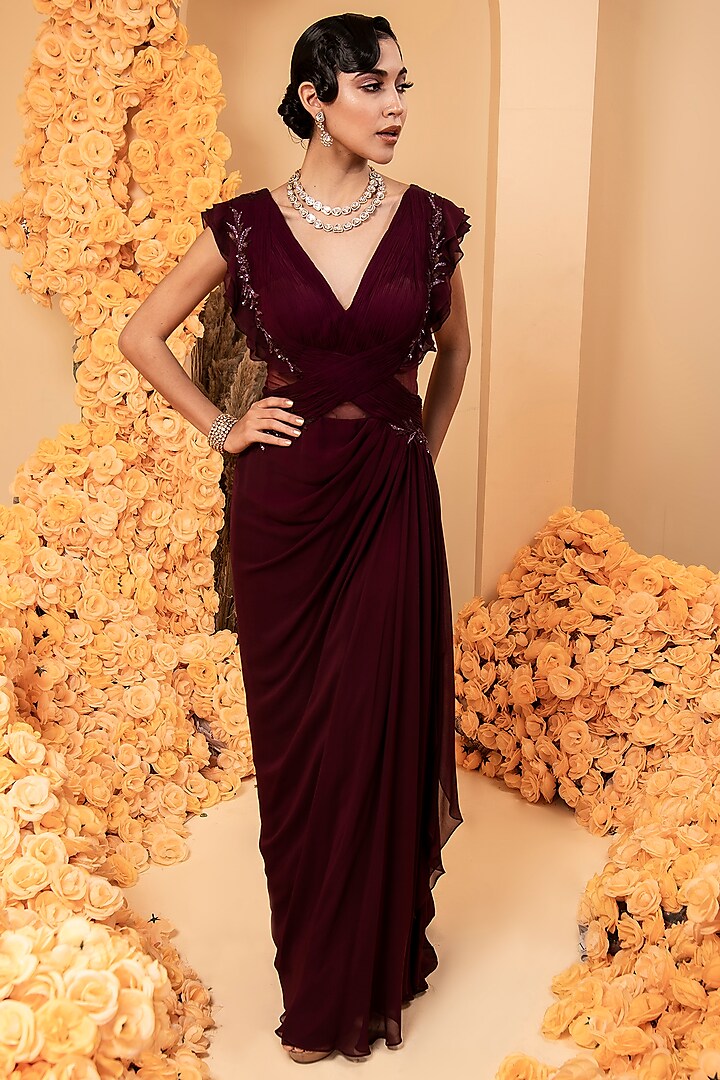 Wine Georgette Embroidered Draped Gown by ADI BY ADITYA KHANDELWL