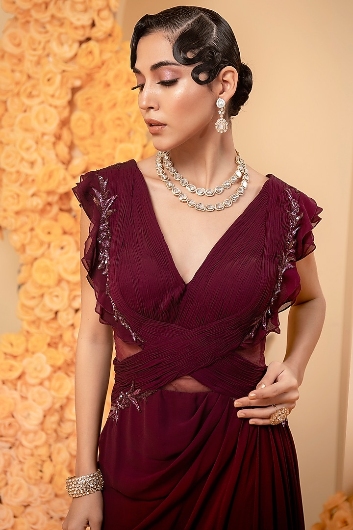 Wine Georgette Embroidered Draped Engagement Gown by ADI BY ADITYA KHANDELWL at Pernia's Pop Up Shop