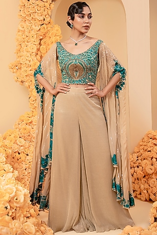 Beige Silk & Georgette Palazzo Pant Set by ADI BY ADITYA KHANDELWL