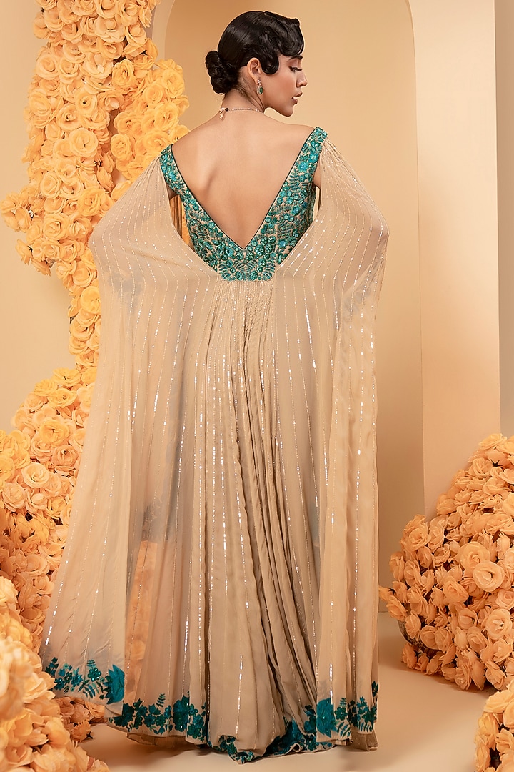 Beige Silk & Georgette Palazzo Pant Set by ADI BY ADITYA KHANDELWL at Pernia's Pop Up Shop