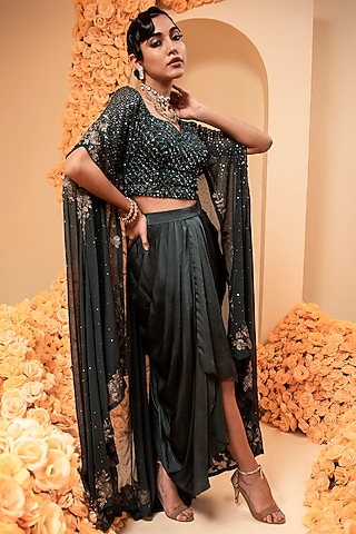 Green Satin Draped Skirt Set by ADI BY ADITYA KHANDELWL