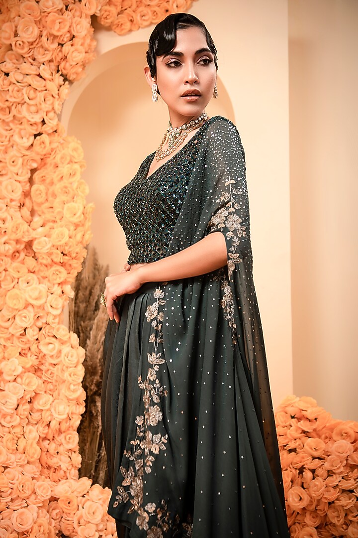 Green Satin Draped Skirt Set by ADI BY ADITYA KHANDELWL at Pernia's Pop Up Shop