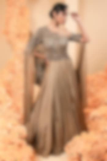 Mouse Grey Tissue Georgette Embroidered Gown by ADI BY ADITYA KHANDELWL