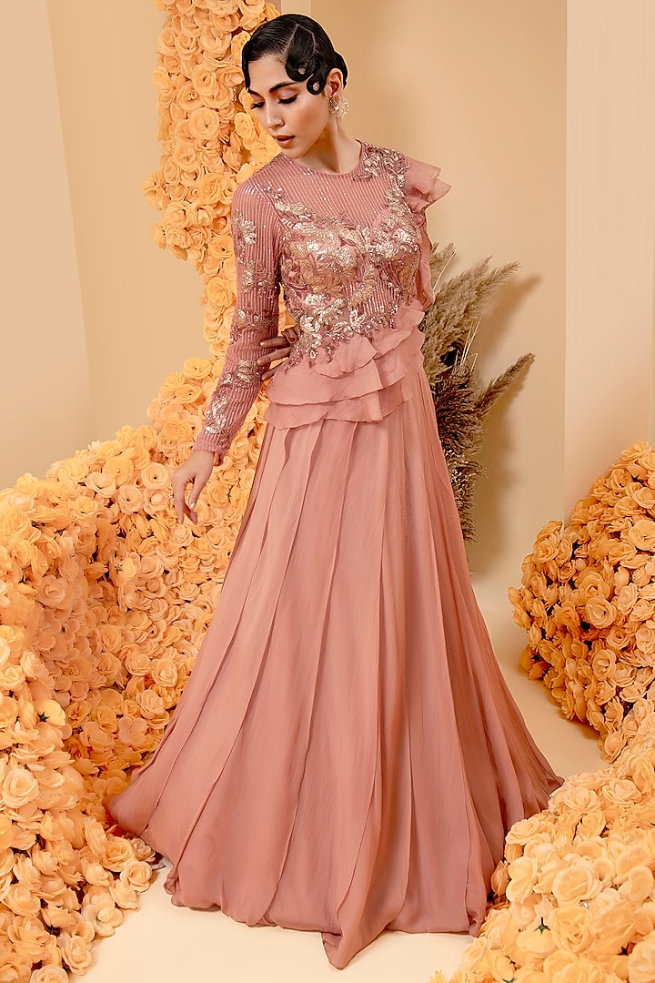 Rose Gold Organza Georgette Embroidered Gown by ADI BY ADITYA KHANDELWL