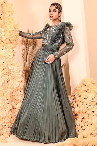 Spruce Net & Silk Embroidered Gown Set by ADI BY ADITYA KHANDELWL