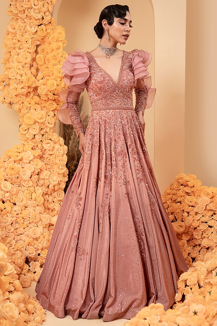 Rose Gold Net & Crepe Embroidered Ombre Gown by ADI BY ADITYA KHANDELWL