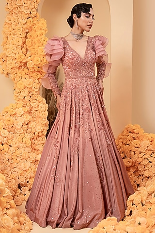 Rose Gold Net & Crepe Embroidered Ombre Gown by ADI BY ADITYA KHANDELWL