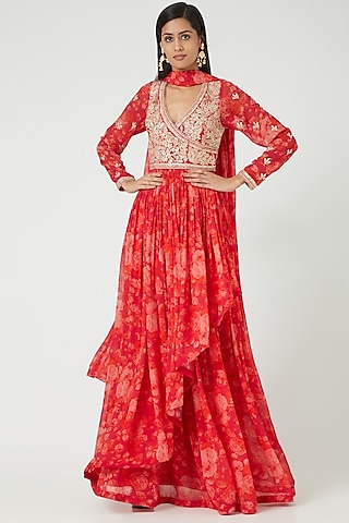 Red Embroidered Anarkali Set by ADI BY ADITYA KHANDELWL