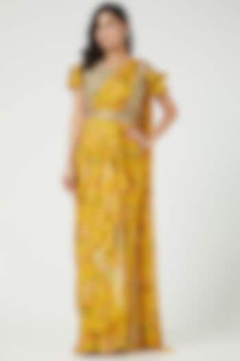 Yellow Raw silk Georgette Printed Draped Saree Set
 by ADI BY ADITYA KHANDELWL