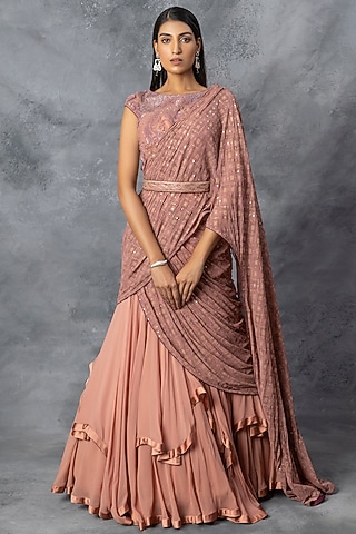 Dull Coral Georgette Lehenga Saree Set by ADI BY ADITYA KHANDELWL