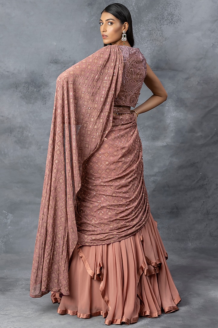 Dull Coral Georgette Reception Lehenga Saree Set by ADI BY ADITYA KHANDELWL at Pernia's Pop Up Shop