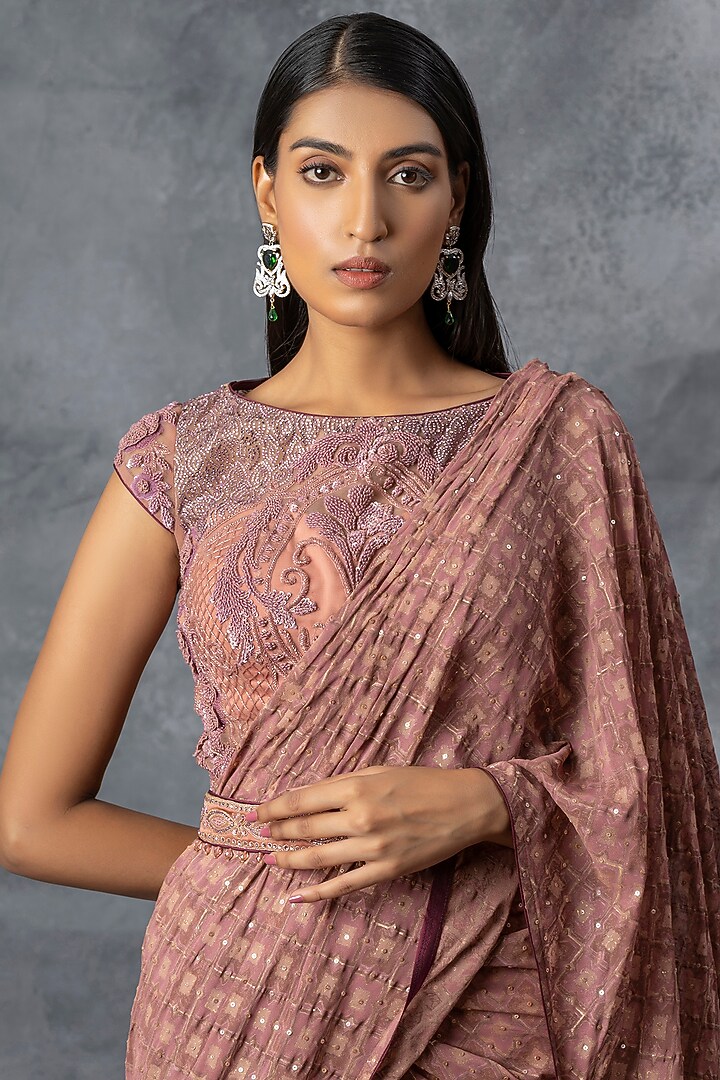 Dull Coral Georgette Reception Lehenga Saree Set by ADI BY ADITYA KHANDELWL at Pernia's Pop Up Shop