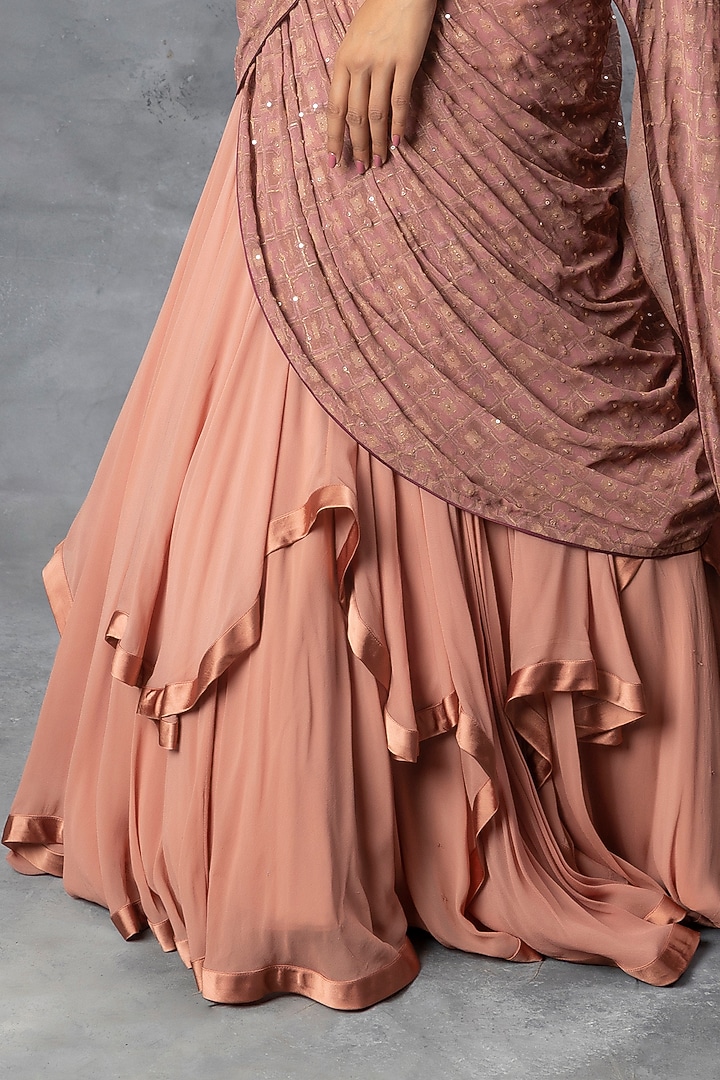Dull Coral Georgette Reception Lehenga Saree Set by ADI BY ADITYA KHANDELWL at Pernia's Pop Up Shop