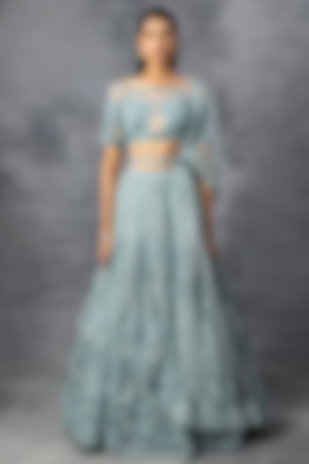 Powder Blue Embroidered Wedding Lehenga Set by ADI BY ADITYA KHANDELWL at Pernia's Pop Up Shop