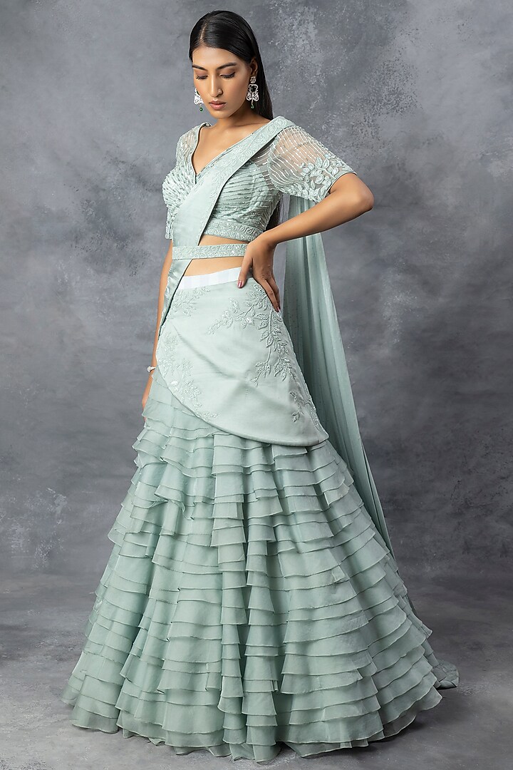 Powder Blue Satin Georgette & Organza Embroidered Reception Lehenga Saree Set by ADI BY ADITYA KHANDELWL at Pernia's Pop Up Shop