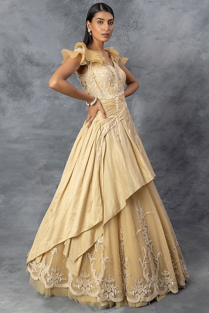 Beige Embroidered Wedding Gown by ADI BY ADITYA KHANDELWL at Pernia's Pop Up Shop