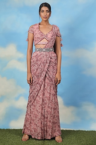 Rose Gold Georgette & Chanderi Draped Pant Saree Set by ADI BY ADITYA KHANDELWL