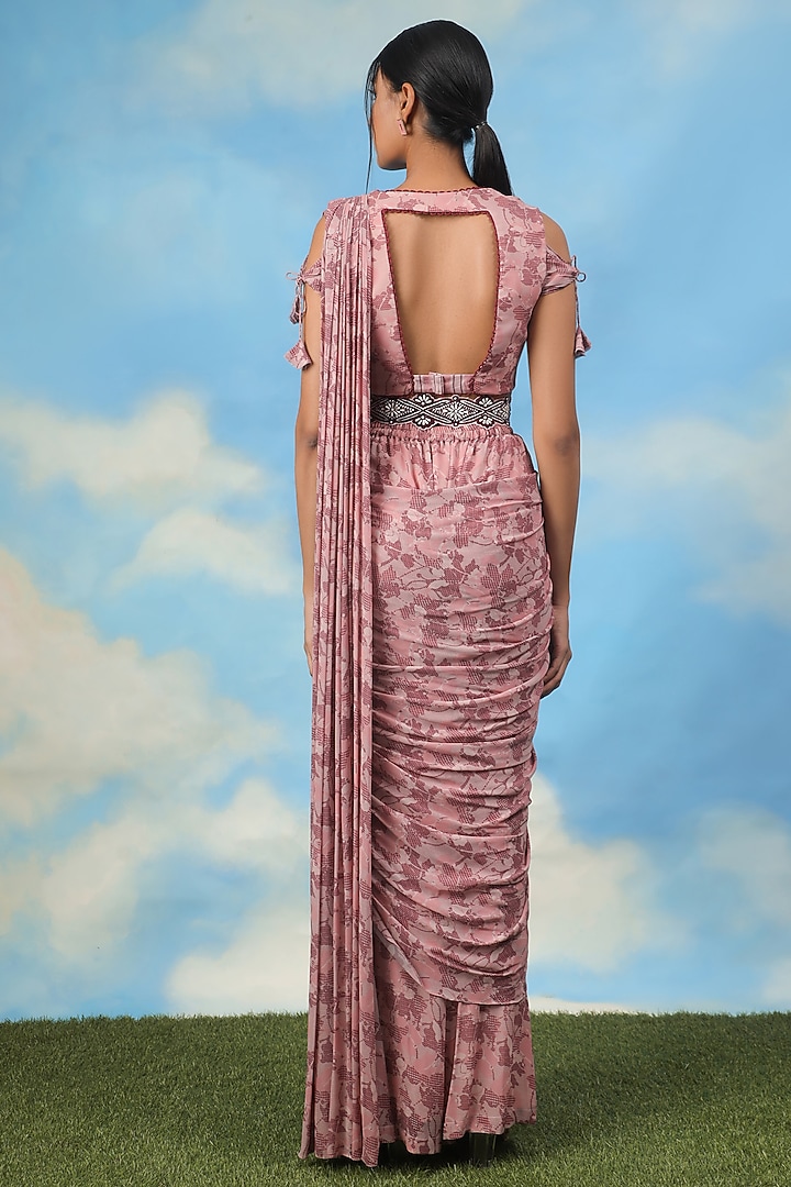 Rose Gold Georgette & Chanderi Draped Pant Wedding Saree Set by ADI BY ADITYA KHANDELWL at Pernia's Pop Up Shop