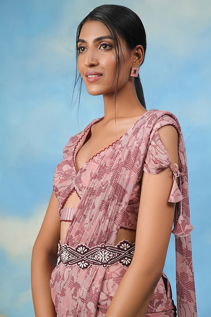 Rose Gold Georgette & Chanderi Draped Pant Wedding Saree Set by ADI BY ADITYA KHANDELWL at Pernia's Pop Up Shop