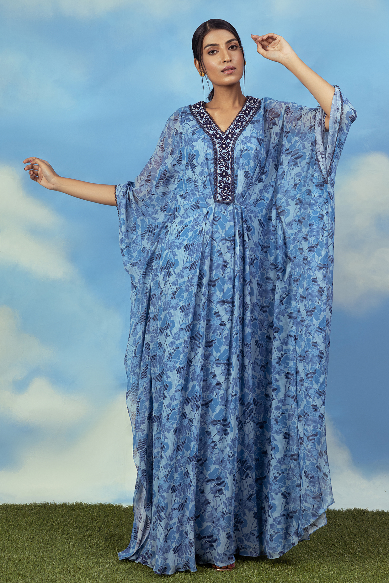 Blue Embroidered Kaftan by ADI BY ADITYA KHANDELWL at Pernia's Pop Up Shop