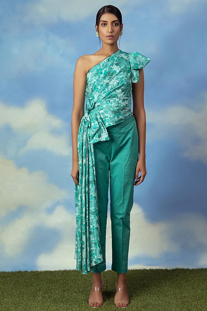 Aqua Green Cotton Lycra Pant Set by ADI BY ADITYA KHANDELWL at Pernia's Pop Up Shop