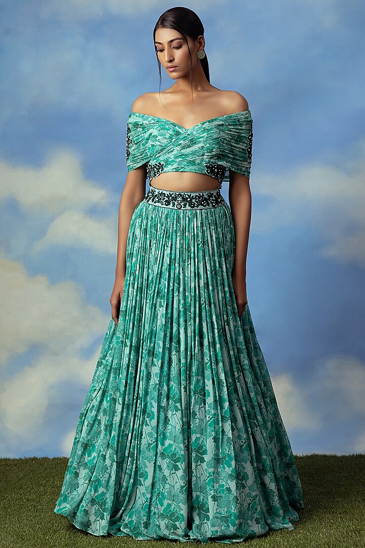Aqua Green Embroidered Skirt Set by ADI BY ADITYA KHANDELWL