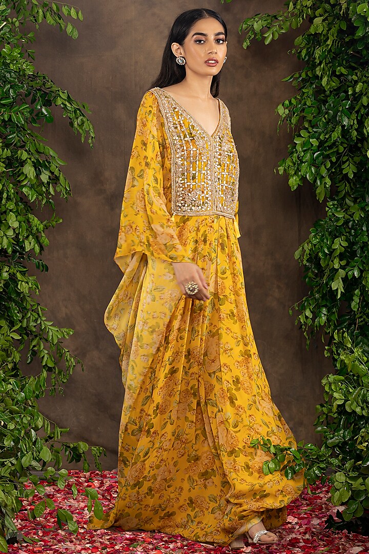 Yellow Floral Printed Kaftan by ADI BY ADITYA KHANDELWL