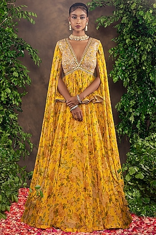Yellow Floral Printed Lehenga Set by ADI BY ADITYA KHANDELWL
