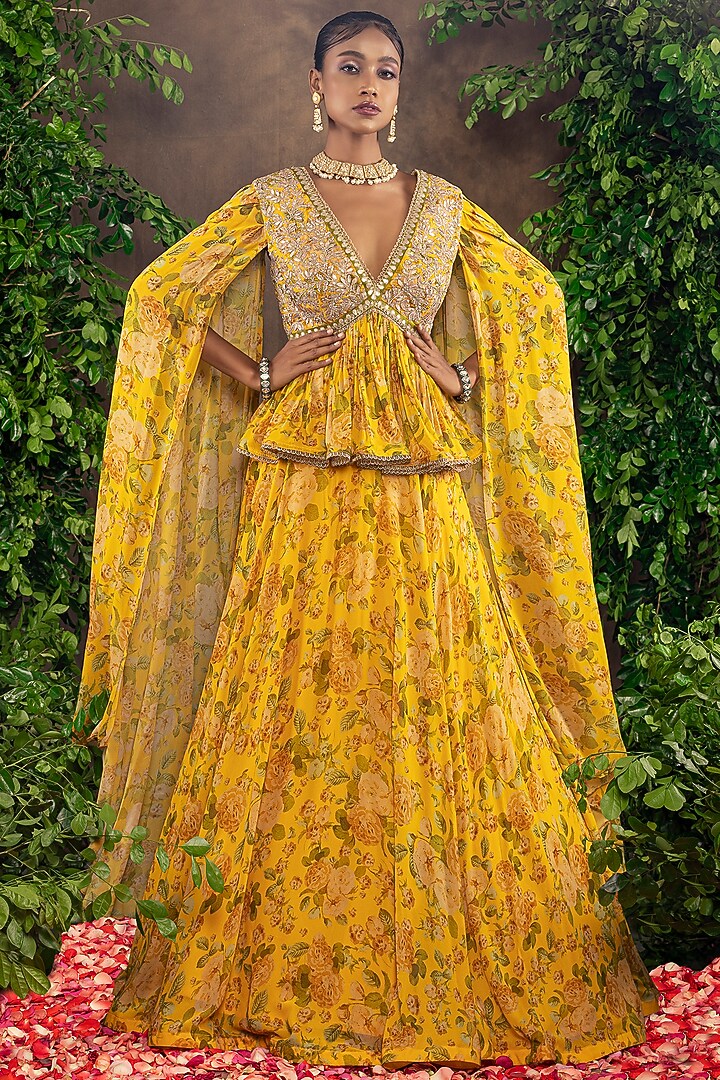 Yellow Floral Printed Wedding Lehenga Set by ADI BY ADITYA KHANDELWL at Pernia's Pop Up Shop
