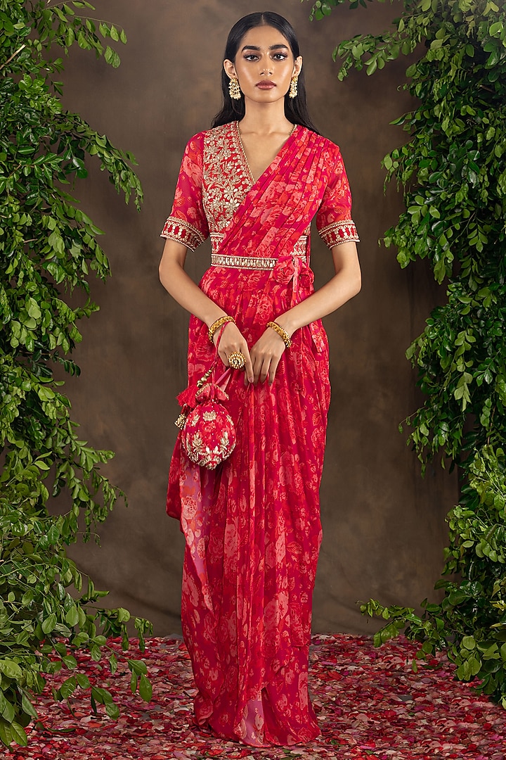 Red Georgette Floral Printed Draped Saree Set by ADI BY ADITYA KHANDELWL