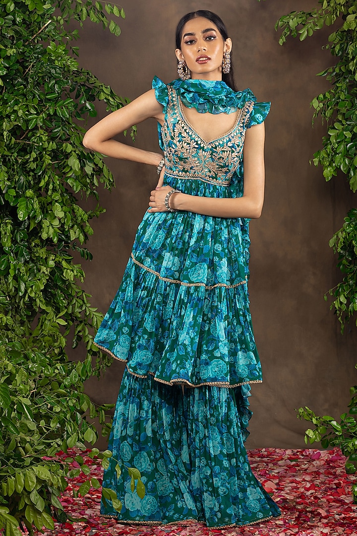 Blue Printed Wedding Sharara Set by ADI BY ADITYA KHANDELWL at Pernia's Pop Up Shop